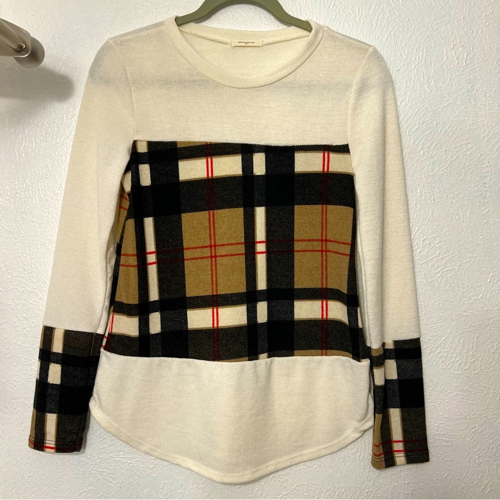 12PM by Mon Ami Sz S Plaid Cream Tan Block Long-Sleeve Sweater Blouse